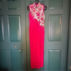 Retro cheongsam style magenta velvet dress w/silver sequins